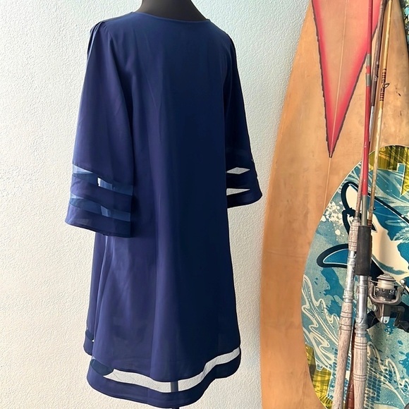 ⭐️Lightweight, Navy Blue Dress, Dress Up or Down, Lovely, Sheer Striped Hems, L - Picture 6 of 10